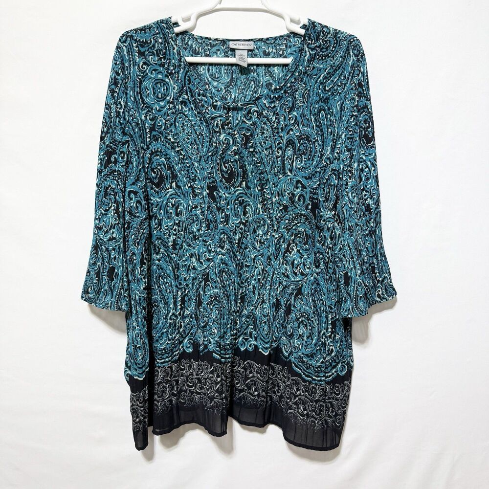 Catherines Tunic Top Womens 4X Blue Beaded Neck Pleated 3/4 Sleeve Boho